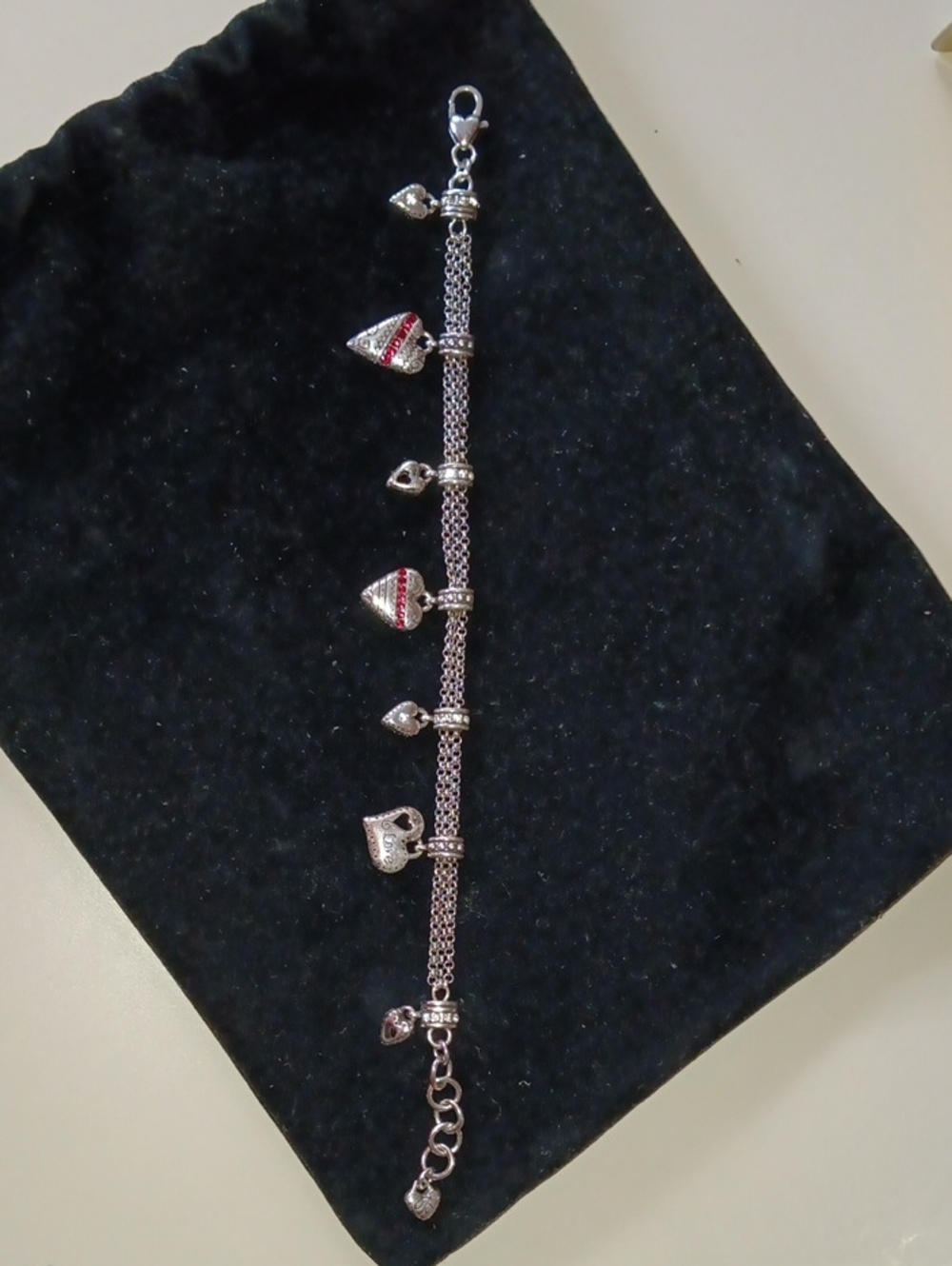 Vintage Brighton Retired Raining Hearts Silvertone & Red Crystal Charm Bracelet